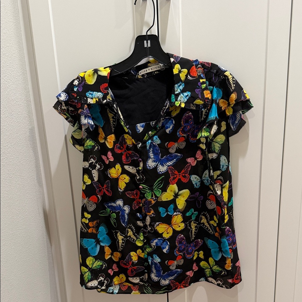 New Alice and Olivia Silk Colorful Butterfly Print Women's Top size large